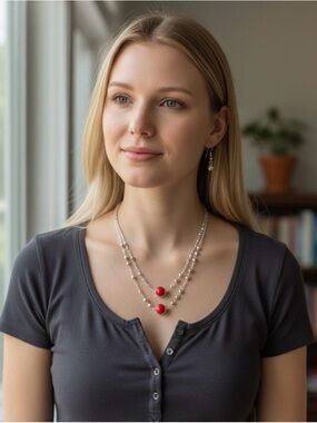 Pearl & Red Bead Double Strand Necklace - Unbranded
